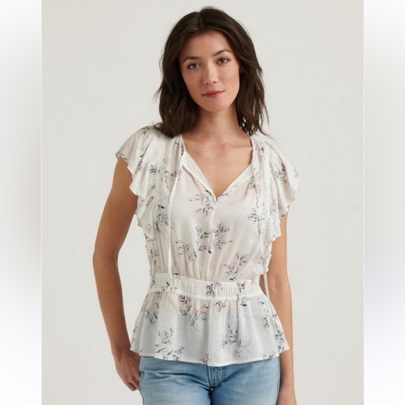 Lucky Brand Tops - Lucky Brand | Floral boho smocked ruffle sleeve flutter hem blouse size …